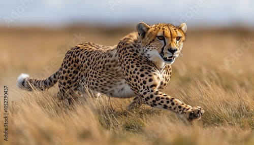 A cheetah sprinting through tall grass in a natural landscape.