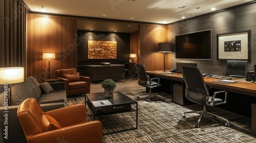 Wallpaper Mural Modern office interior with leather chairs, wooden desks, and a large flat screen TV. Torontodigital.ca