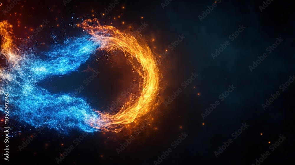 Dynamic swirl of blue and orange flames on a dark background. Dynamic swirl of blue and orange flames on a dark background.