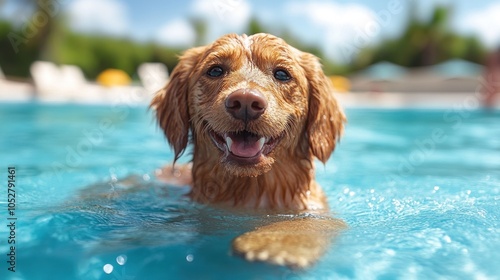 Happy dog swimming in a pool on a sunny day.