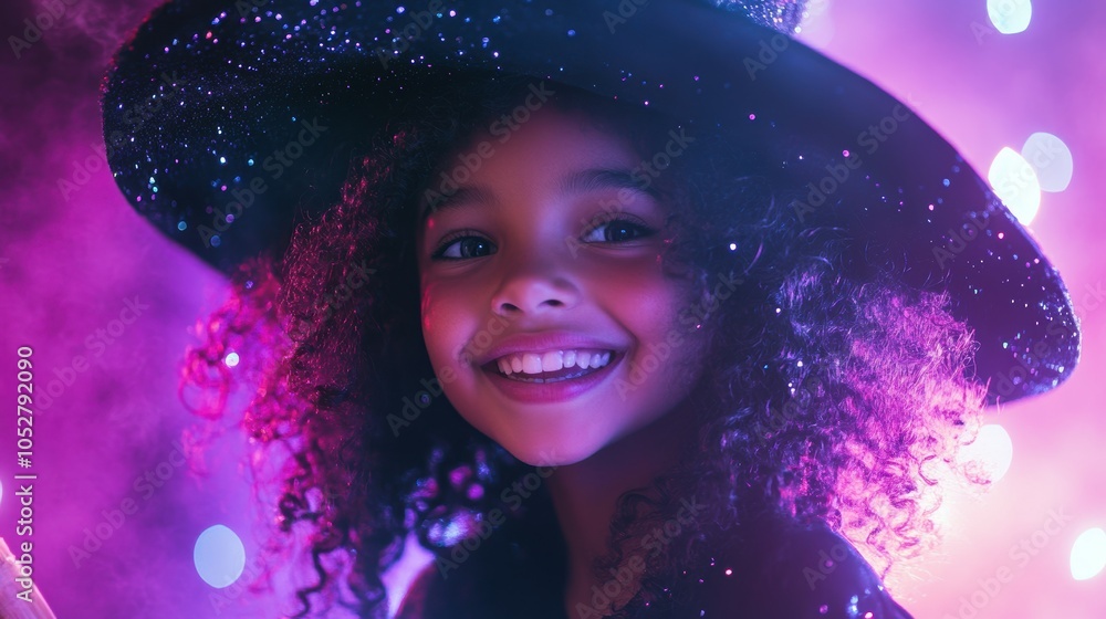 Whimsical celebration a joyous portrait of a curly-haired girl in a magical hat Whimsical celebration a joyous portrait of a curly-haired girl in a magical hat