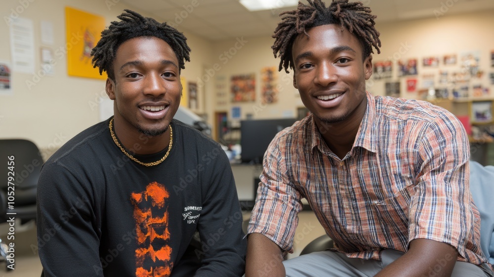 Two young Black men with dreadlocks smiling at the camera