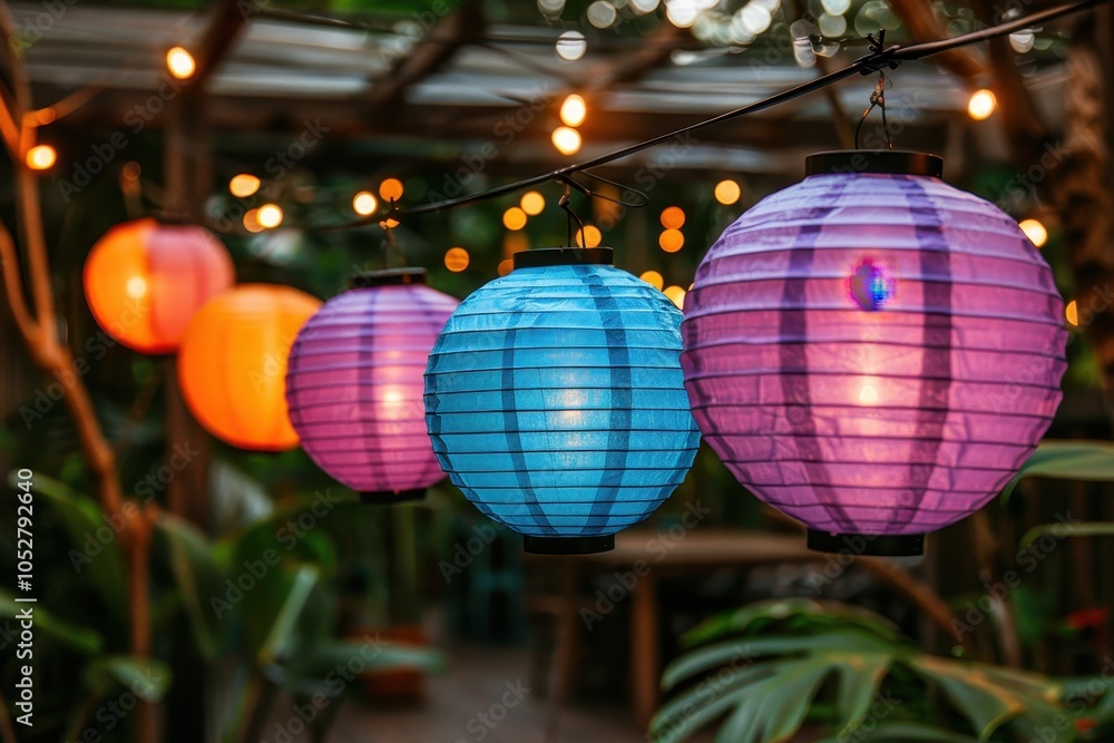 Obraz premium A group of colorful lanterns hanging from a patio
