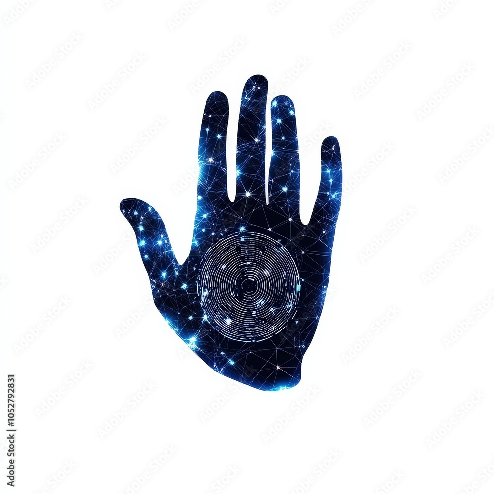 Hand silhouette filled with a cosmic galaxy pattern, white isolated background Hand silhouette filled with a cosmic galaxy pattern, white isolated background
