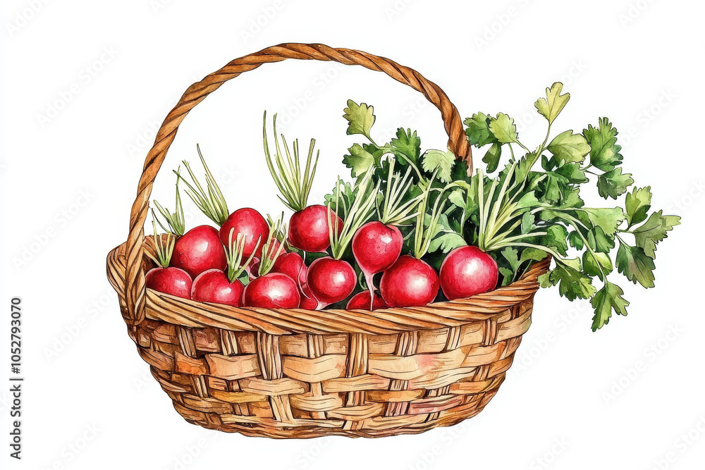 A woven basket filled with fresh, vibrant red radishes and green coriander, showcasing a healthy bounty from the garden. A woven basket filled with fresh, vibrant red radishes and green coriander, showcasing a healthy bounty from the garden.