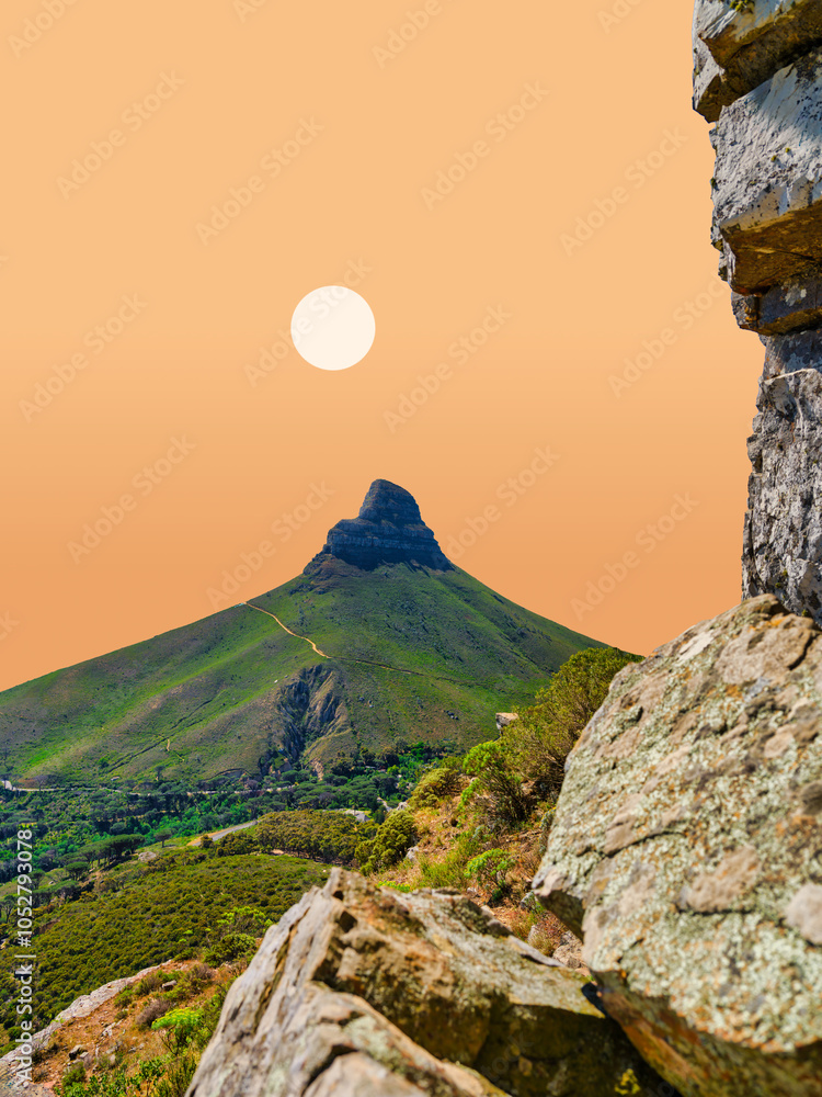 Vertical shot of Lion's Head Mountain from Kloof Corner peak, Table Mountain, rugged stones