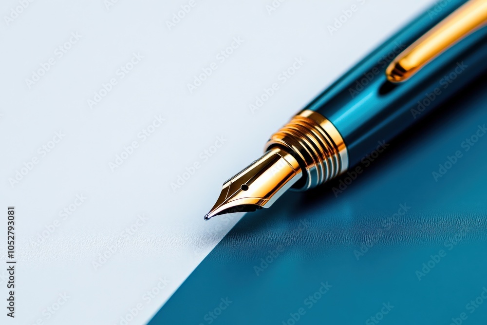 High-quality fountain pen with a golden nib on a blue surface. High-quality fountain pen with a golden nib on a blue surface.