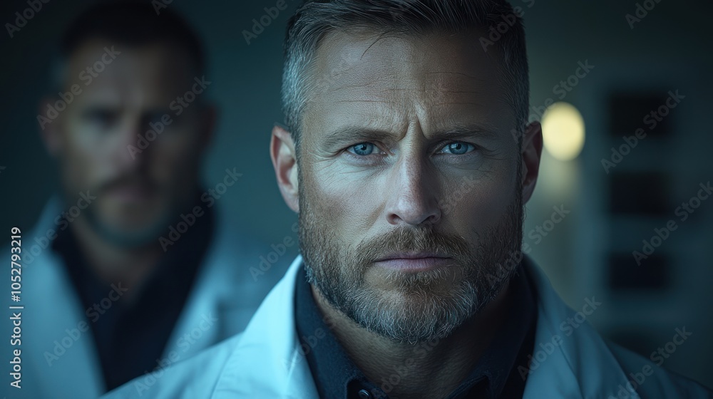 Close-up Portrait of a Man with a Serious Expression and a White Lab Coat Close-up Portrait of a Man with a Serious Expression and a White Lab Coat