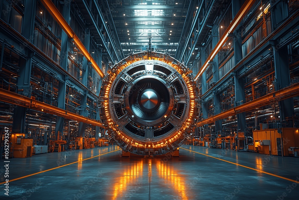 A large turbine engine in a high-tech industrial facility. A large turbine engine in a high-tech industrial facility.