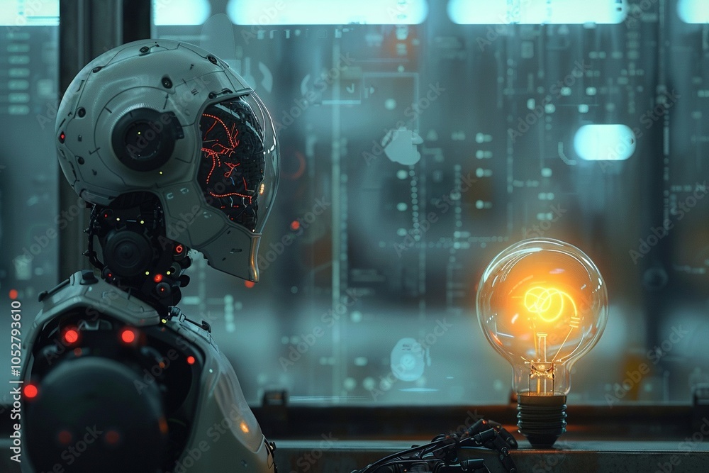 Fototapeta premium A futuristic robot gazes at a glowing light bulb, symbolizing innovation and technology.