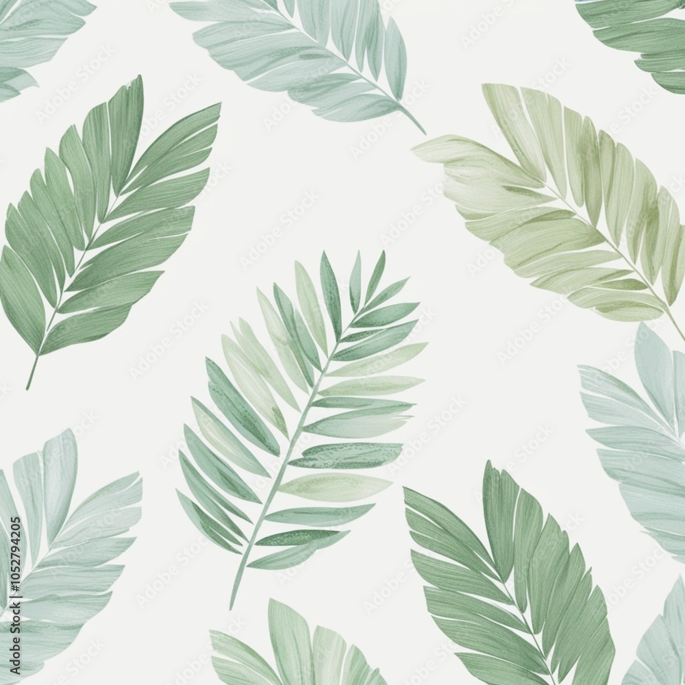 Palm leaves with watercolor effects in green on a white background, adding a tropical, breezy feel. Palm leaves with watercolor effects in green on a white background, adding a tropical, breezy feel.