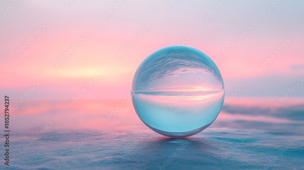 A delicate glass sphere sits on a surface, perfectly capturing the pastel hues of a serene sunrise. A delicate glass sphere sits on a surface, perfectly capturing the pastel hues of a serene sunrise.