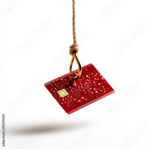 Red credit card with droplets hanging from a hook on a white isolated background. photo