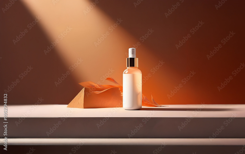 A glass bottle of serum with a dropper sits on a white shelf with a geometric shape and light filtering through the background. A glass bottle of serum with a dropper sits on a white shelf with a geometric shape and light filtering through the background.