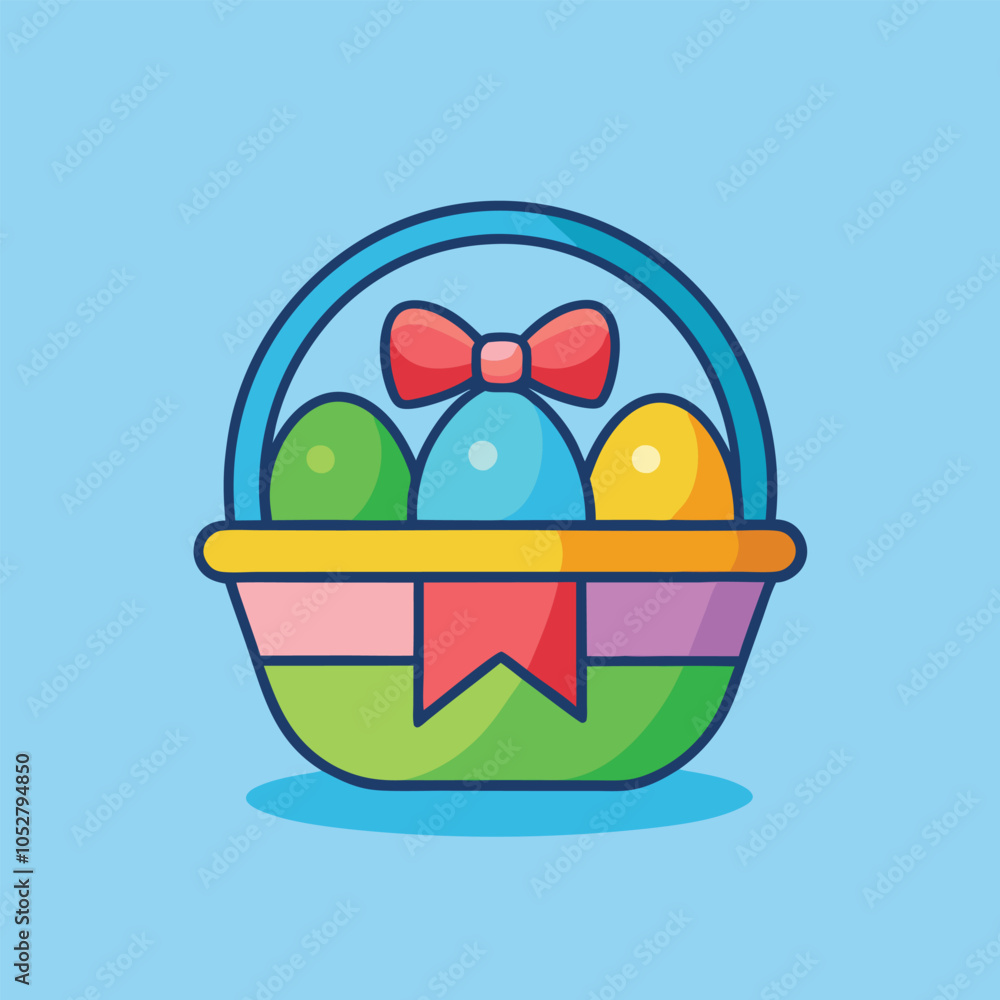 Fototapeta premium Colorful Easter basket with eggs and a bow.