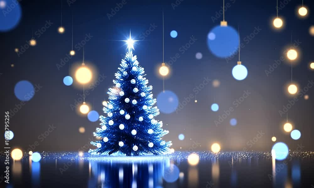A blue Christmas tree with white ornaments and a star on top stands on a dark blue background with blurred lights.