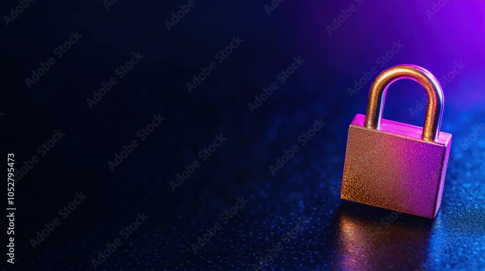 Fototapeta premium Stylish padlock on dark surface with colorful lighting effects