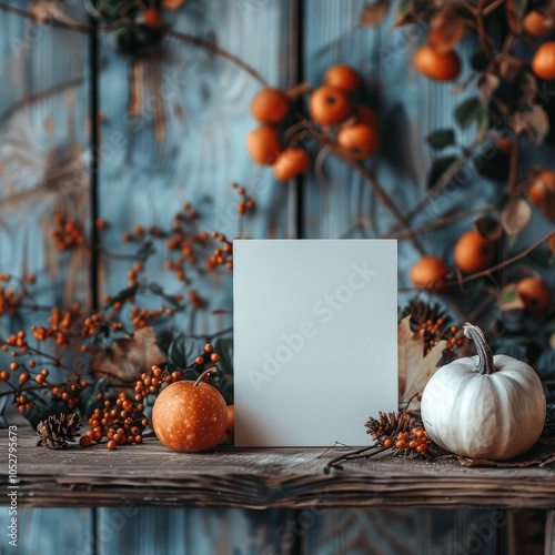 Autumn Thanksgiving Decorations with Blank Board on Wooden Table photo