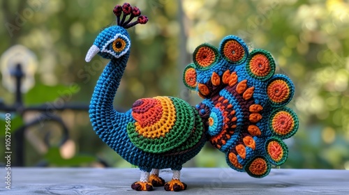 A beautifully crocheted peacock, displaying detailed colorful plumage, sits on a wooden surface, capturing grace, beauty, and the elegance of artistic handiwork. photo