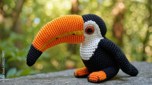 A striking crocheted toucan, featuring a prominent orange beak and black-and-white body, stands elegantly on a stone surface amidst a lush green background. photo