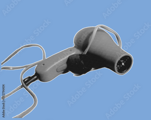 hairdryer pixelate grayscale color halftone dotted texture style collage element isolated on blue background