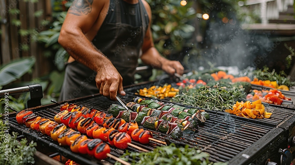 Naklejka premium A person grilling colorful vegetables and skewers outdoors, surrounded by greenery.