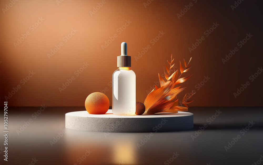 A glass bottle with a dropper sits on a white pedestal with an orange sphere and a gold leaf branch. A glass bottle with a dropper sits on a white pedestal with an orange sphere and a gold leaf branch.