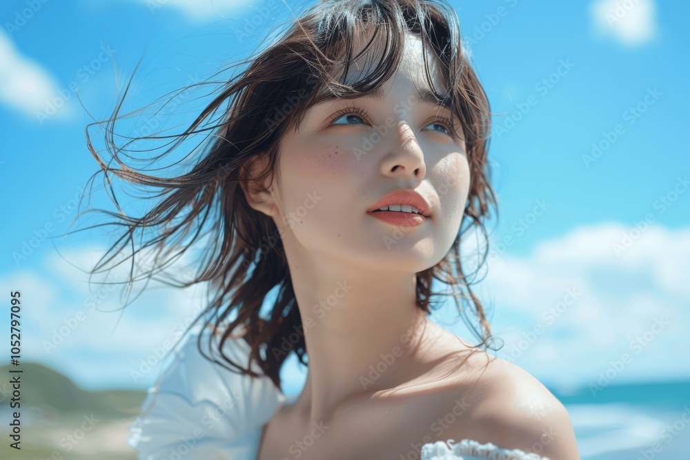 Beautiful Woman in White Dress Under Blue Sky with Wind Blowing Hair Beautiful Woman in White Dress Under Blue Sky with Wind Blowing Hair
