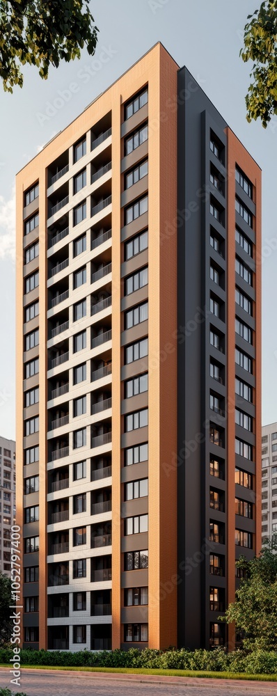 Modern residential building exterior with multiple floors and large windows, surrounded by greenery. Modern residential building exterior with multiple floors and large windows, surrounded by greenery.