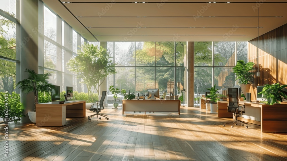 Modern Office Interior with Panoramic Windows Natural Sunlight and Green Plants Modern Office Interior with Panoramic Windows Natural Sunlight and Green Plants