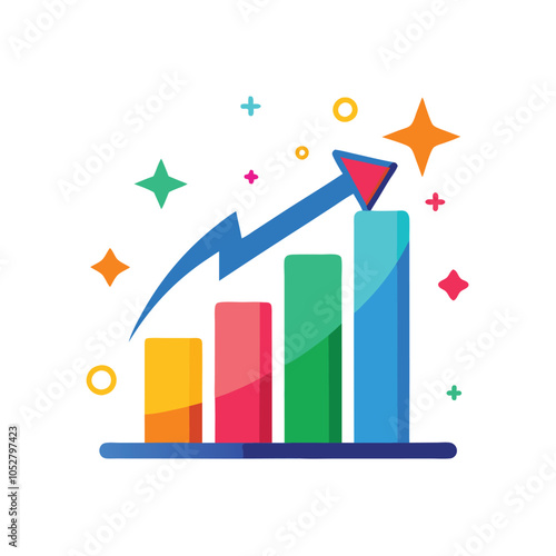 Colorful bar graph with a blue arrow pointing upwards