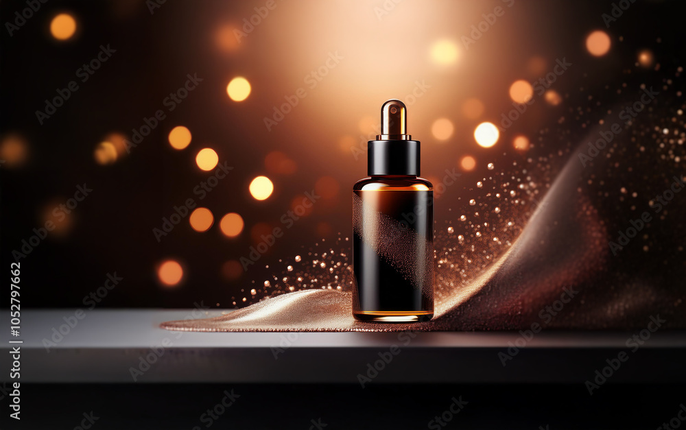 A glass bottle with a dropper sits on a white surface against a dark background with bokeh and flowing fabric. A glass bottle with a dropper sits on a white surface against a dark background with bokeh and flowing fabric.