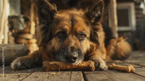 A close-up capture of a dog enjoying a bone on a rustic wooden porch, emphasizing the contentment of the pet and the textured surroundings in warm sunlight. photo