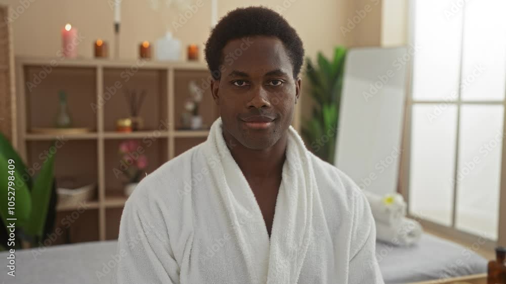 Handsome young man in a white robe relaxing at a tranquil wellness spa with candles and plants in the background Handsome young man in a white robe relaxing at a tranquil wellness spa with candles and plants in the background