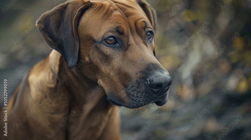 A majestic brown dog stands firm, gazing thoughtfully into the distance as the autumn's muted backdrop emphasizes its strength and dignified presence. A majestic brown dog stands firm, gazing thoughtfully into the distance as the autumn's muted backdrop emphasizes its strength and dignified presence.