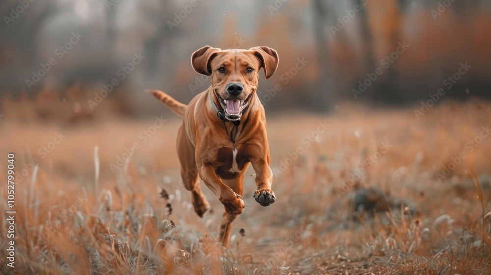 An enthusiastic brown dog is captured mid-run, joyfully bounding through an open field, embodying freedom and excitement amidst a serene autumn setting. An enthusiastic brown dog is captured mid-run, joyfully bounding through an open field, embodying freedom and excitement amidst a serene autumn setting.