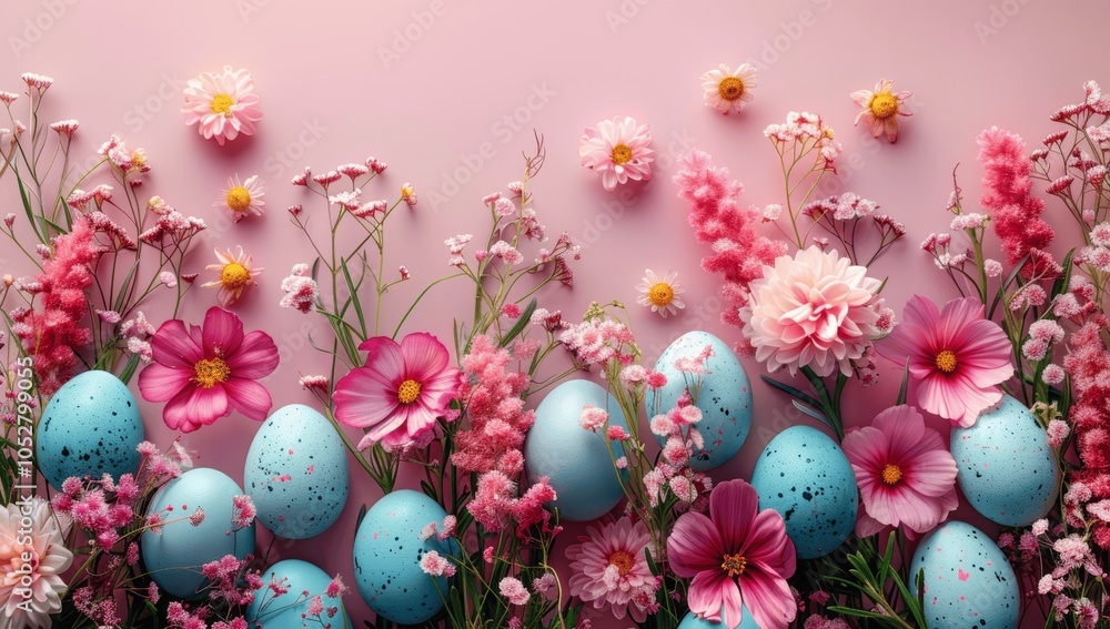 Easter background with pastel eggs and spring flowers on pink, flat lay, copy space concept Easter background with pastel eggs and spring flowers on pink, flat lay, copy space concept