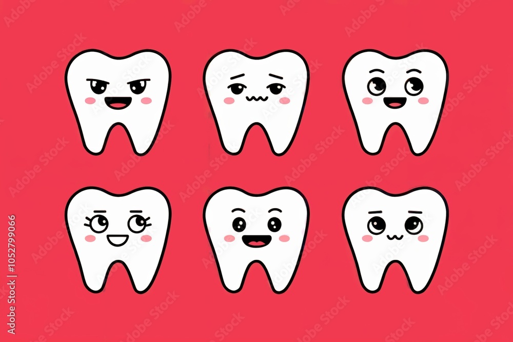 Fototapeta premium Cute cartoon tooth characters set with various facial expressions, ideal for dental health brand or children’s dental care campaign. Red background