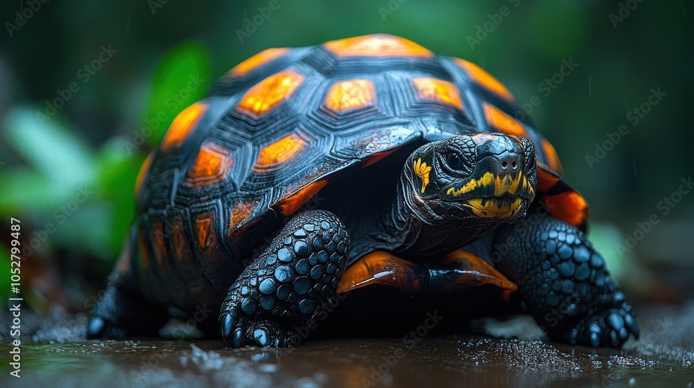 Fototapeta premium A close-up of a vibrant tortoise in a lush, rainy environment.