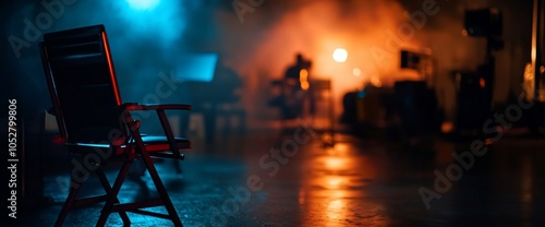 A single director's chair in a dimly lit room with an out-of-focus background.