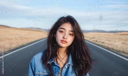 Beautiful girl in denim jacket standing on the road, Generative AI