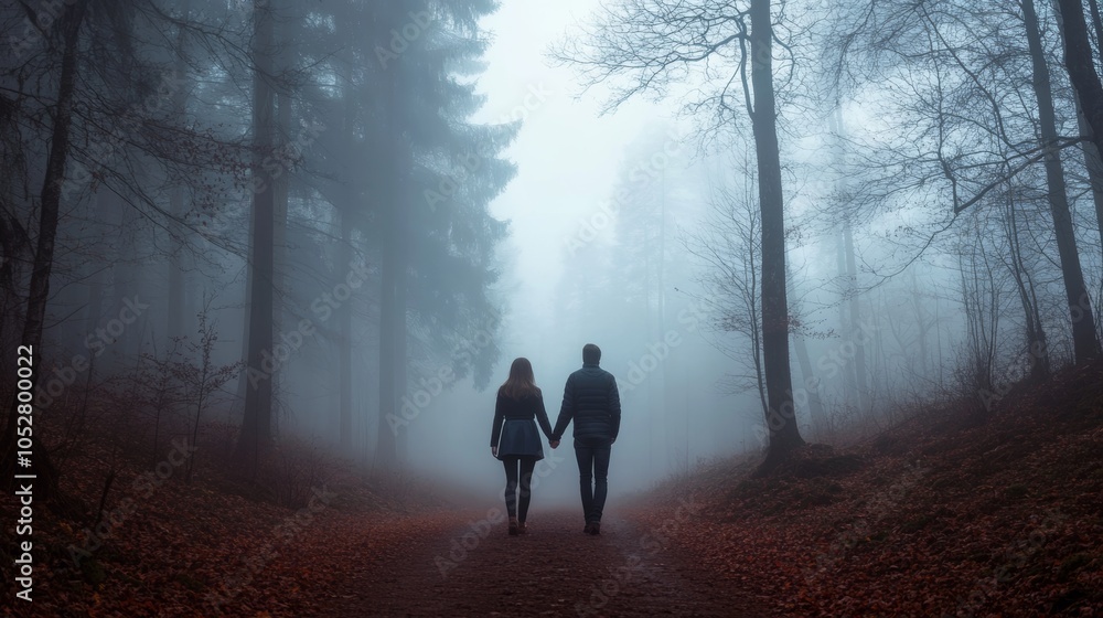 A romantic scene depicting a couple strolling through a misty, atmospheric forest path surrounded by tall trees, highlighting a bond in serene solitude. A romantic scene depicting a couple strolling through a misty, atmospheric forest path surrounded by tall trees, highlighting a bond in serene solitude.