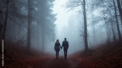 Wallpaper Mural A romantic scene depicting a couple strolling through a misty, atmospheric forest path surrounded by tall trees, highlighting a bond in serene solitude. Torontodigital.ca