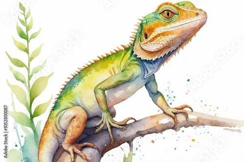 Vibrant Watercolor Iguana Illustration with Detailed Scales and Colorful Turquoise Green Gradient Against Splattered Background photo