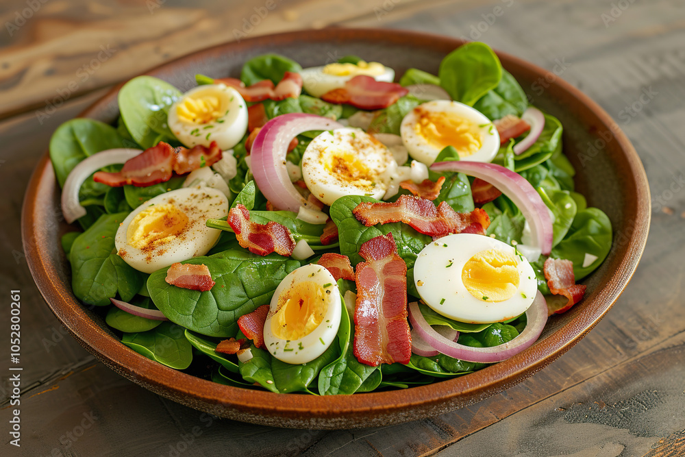 Fresh spinach salad with hard boiled eggs and crispy bacon served in a rustic bowl