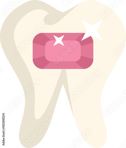 White tooth with a pink shiny gemstone is illustrating dental care and luxury