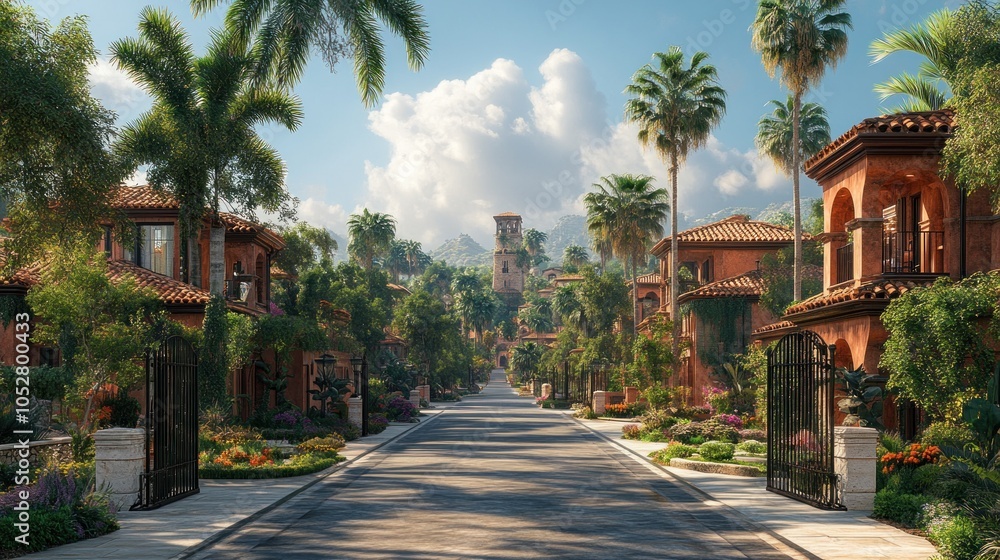 Serene residential street lined with lush greenery and palm trees. Serene residential street lined with lush greenery and palm trees.