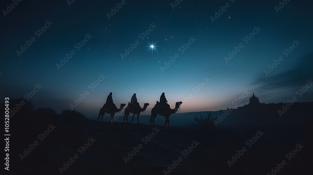Fototapeta premium Three Wise Men riding across a vast desert on camels