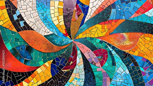 A stunning mosaic featuring bright colorful tiles arranged in an abstract swirl pattern, representing creativity and artistic expression in a kaleidoscope view.