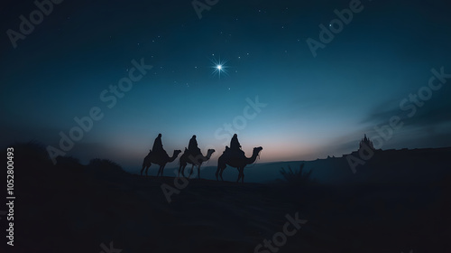 Three Wise Men riding across a vast desert on camels